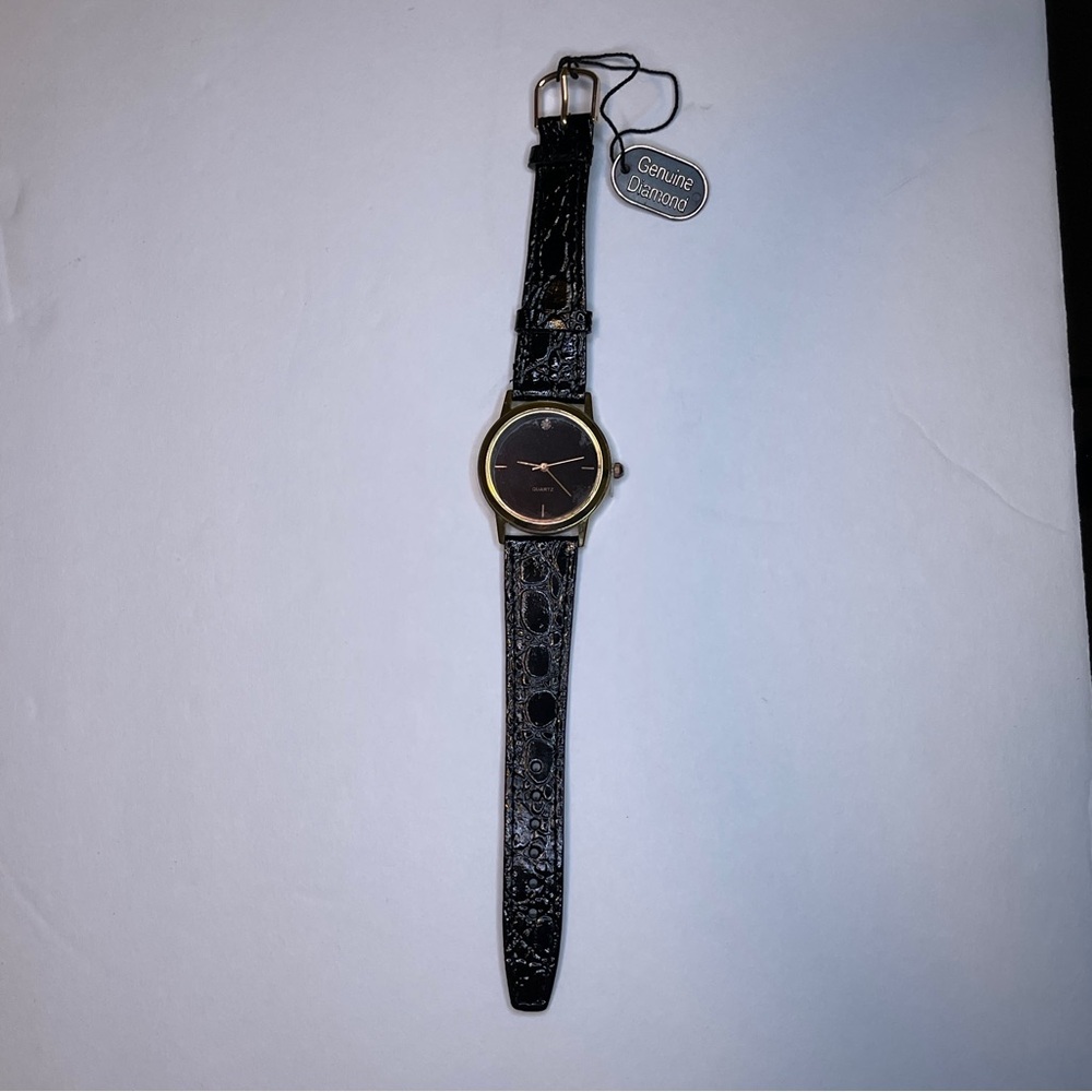 Men’s Black Leather Watch with Gold Accents